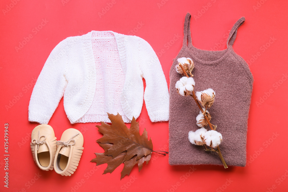 时尚的婴儿服装、鞋子、棉树枝和红色背景的秋叶