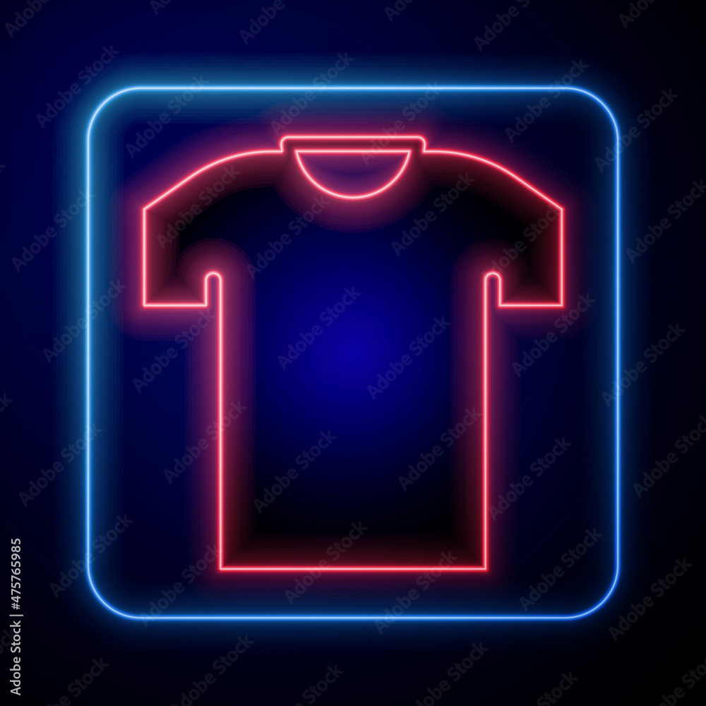 Glowing neon T-shirt icon isolated on black background. Vector