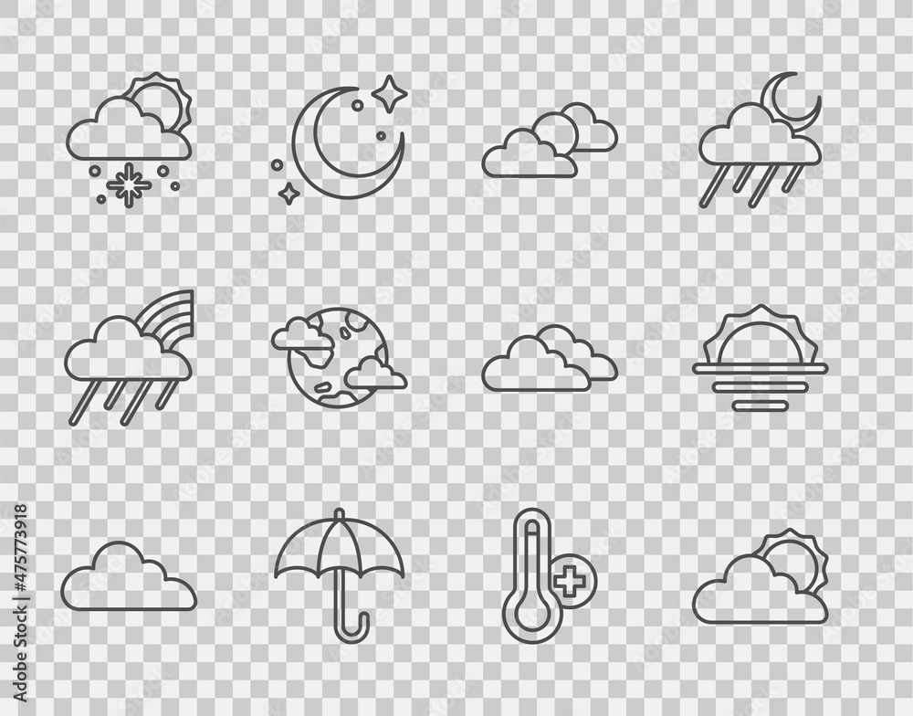 设定云，太阳和云的天气，雨伞，有雪的太阳，地球行星云，气象学