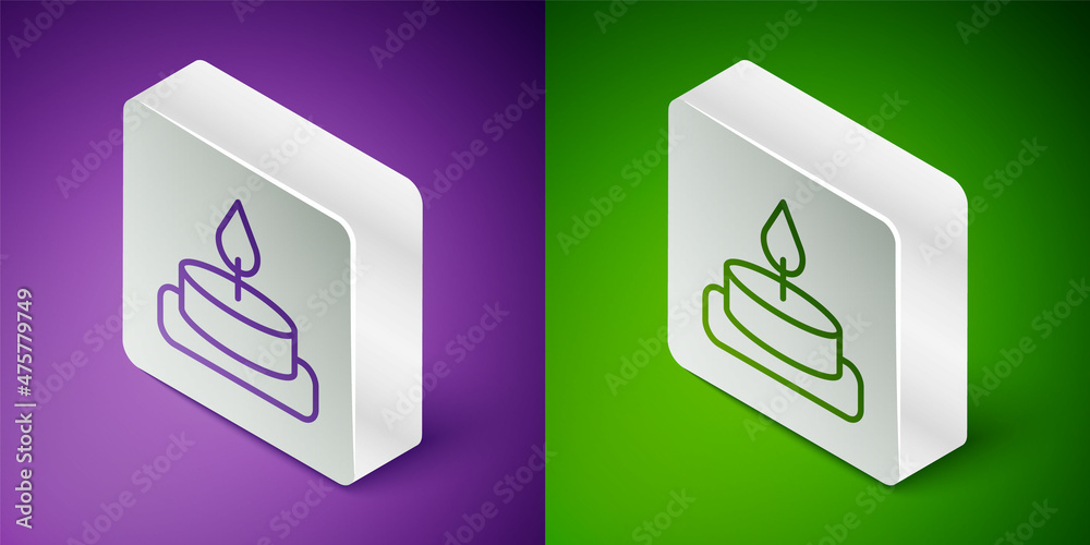 Isometric line Aroma candle icon isolated on purple and green background. Silver square button. Vect