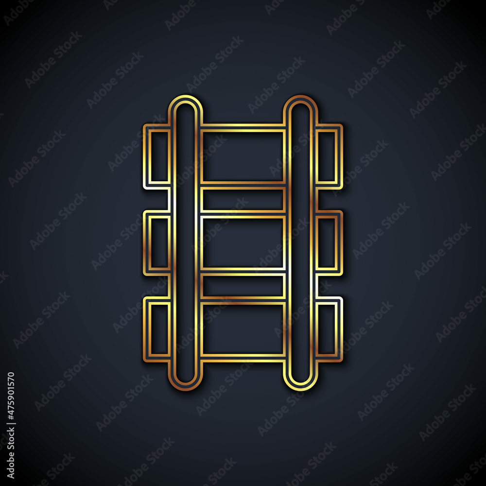 Gold line Toy railway, railroad track icon isolated on black background. Vector