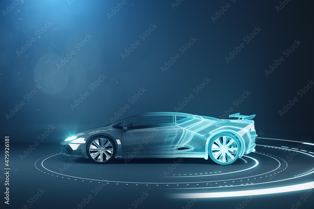 蓝色背景的现代线框跑车，墙上有实体模型。赛车和设计理念
