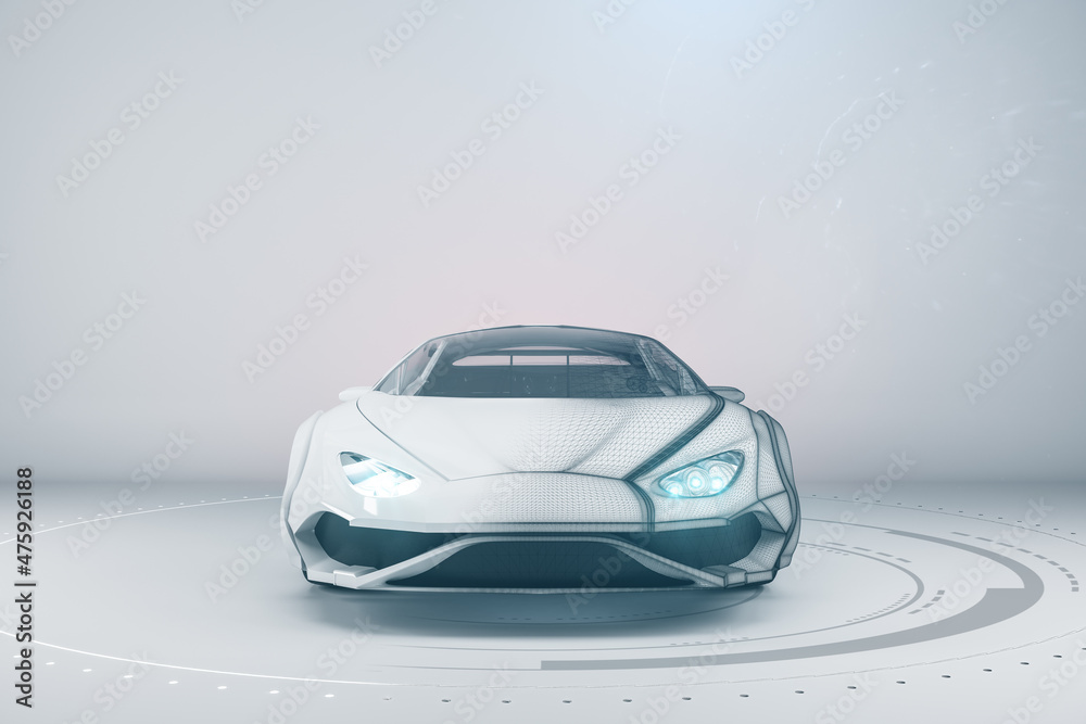 白色背景下的创意线框跑车，墙上有实体模型。比赛和设计总结