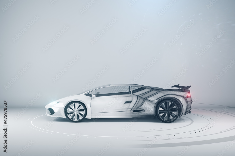 白色背景的现代线框跑车，墙上有实体模型。赛车和设计概念
