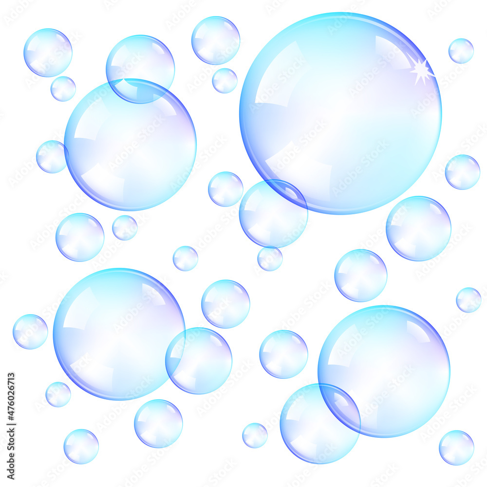 白色背景上的蓝色肥皂泡，透明气泡的矢量图