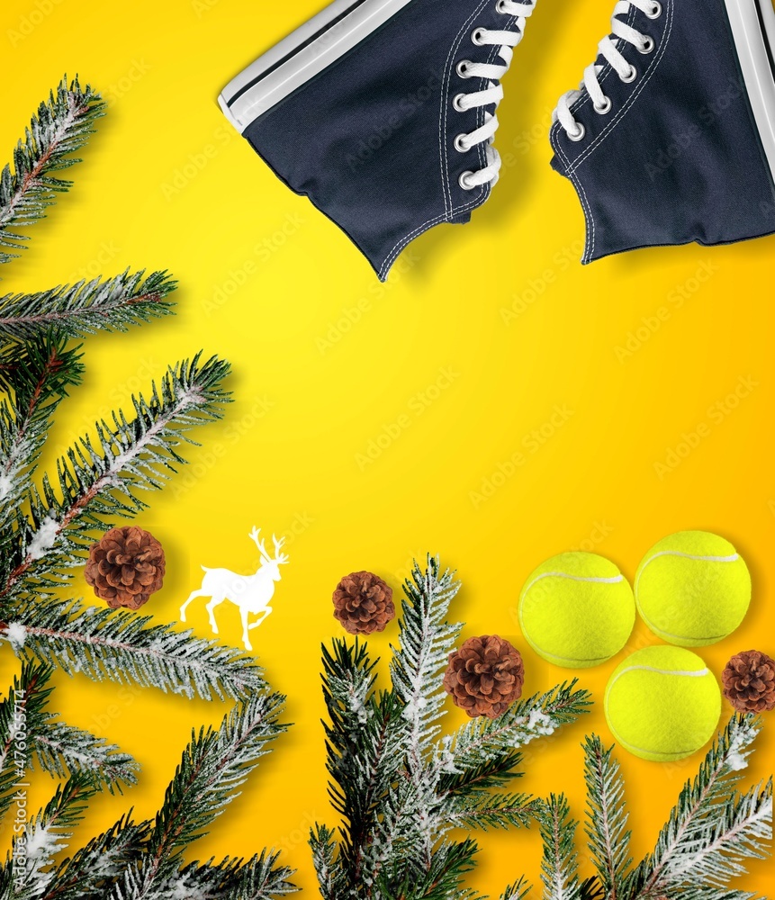 网球圣诞节，用网球、运动鞋和冷杉树枝庆祝新年。