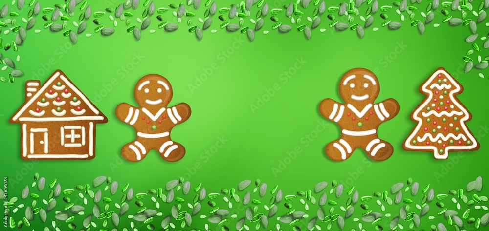Happy New Years set of cookies, gingerbread man, xmas tree, house from ginger biscuits glazed sugar