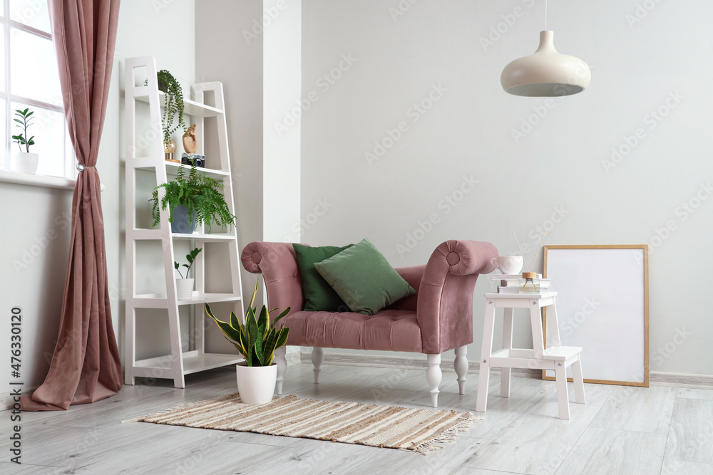 粉色扶手椅和搁架单元，靠近浅色墙壁的室内植物