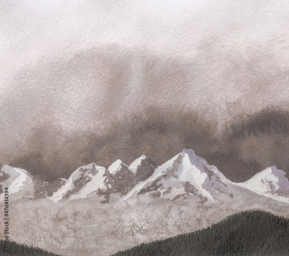 阴天下被雪覆盖的山脉的业余水彩画