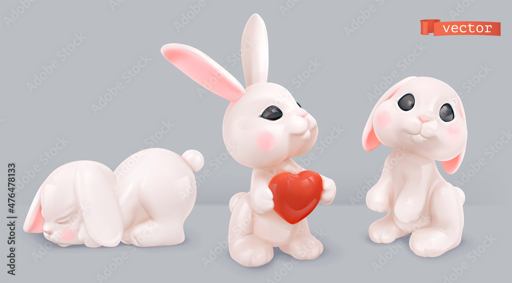 小兔子三维渲染矢量图标集。复活节装饰品