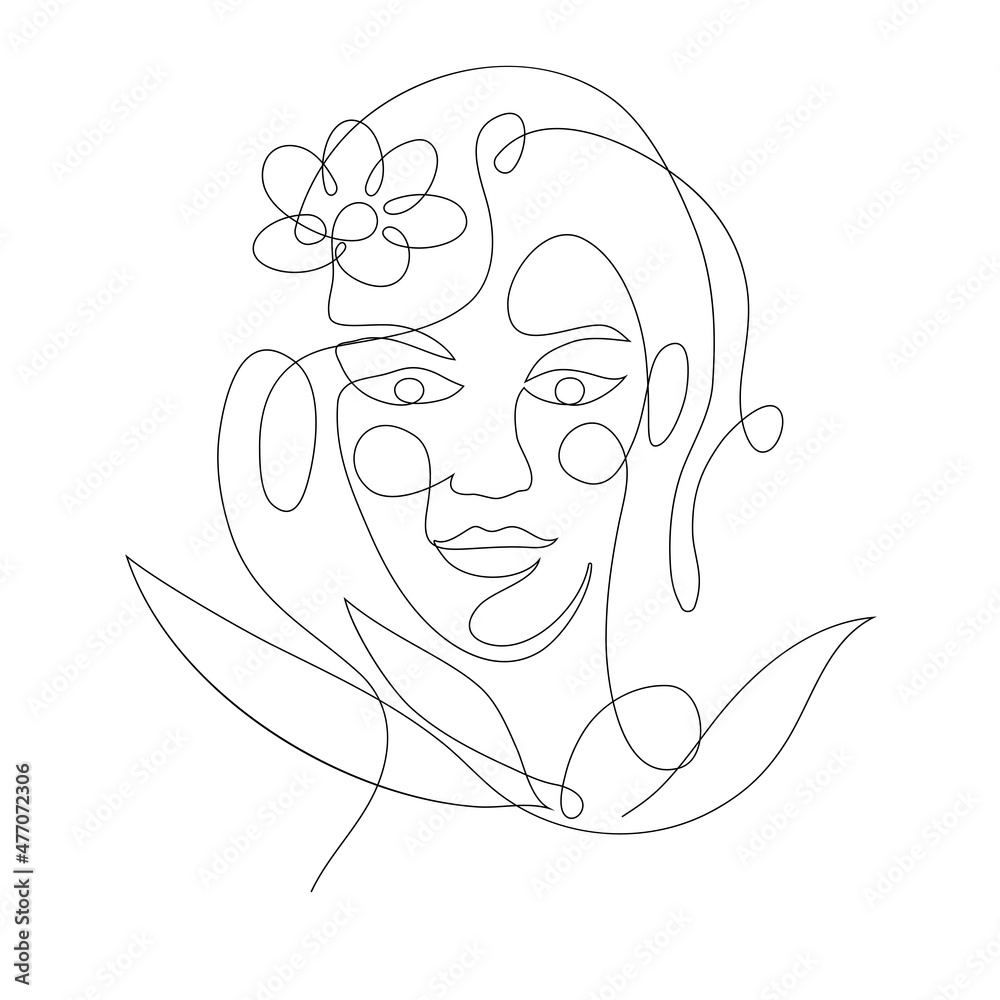 一个女人的肖像，浪漫的肖像，带花的手绘女孩，线条艺术。化妆品的简单标志