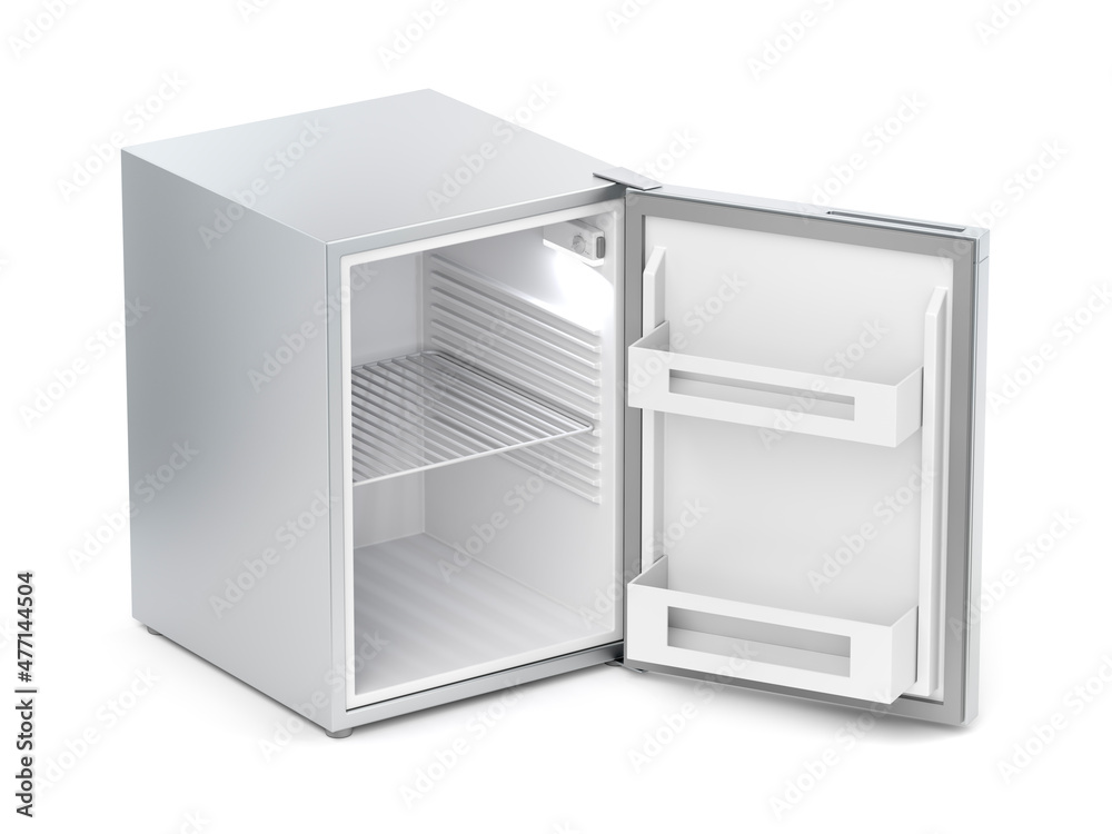 白色背景下的空小冰箱