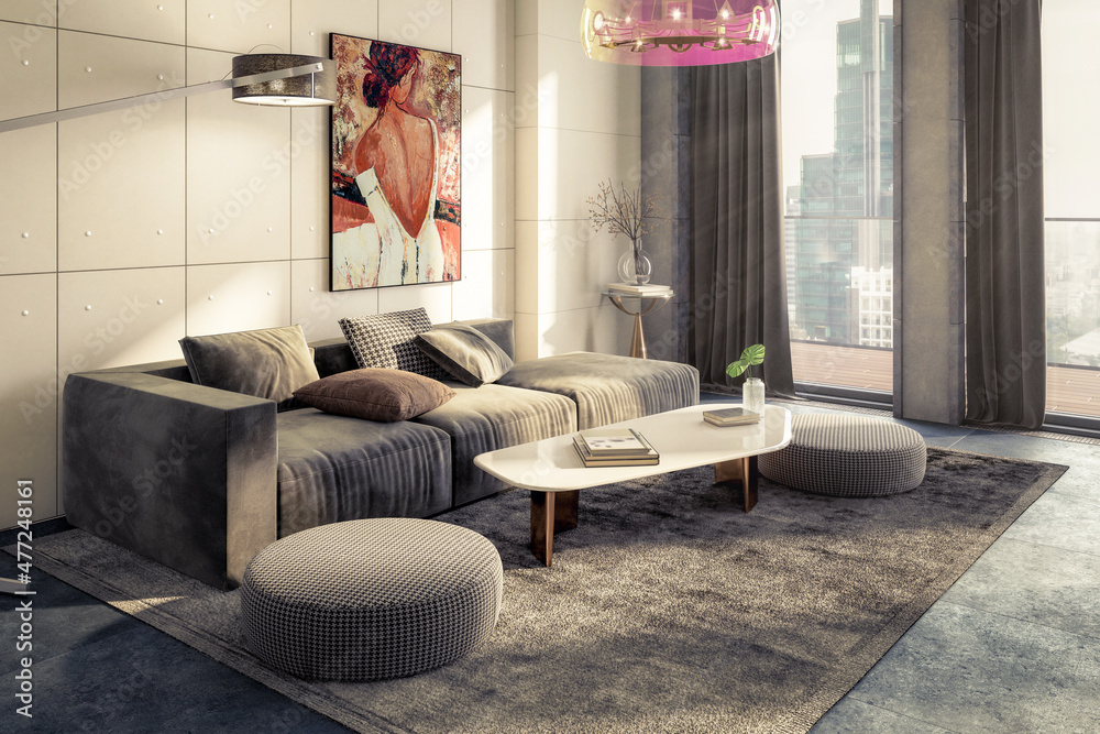 阁楼公寓内的坐群和装饰艺术呈现-3D可视化