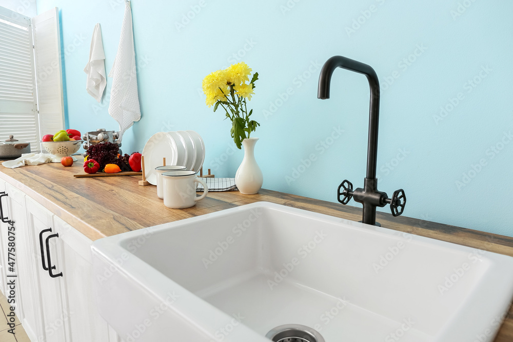 现代水槽，蓝色墙壁附近桌面上有鲜花和盘子的花瓶
