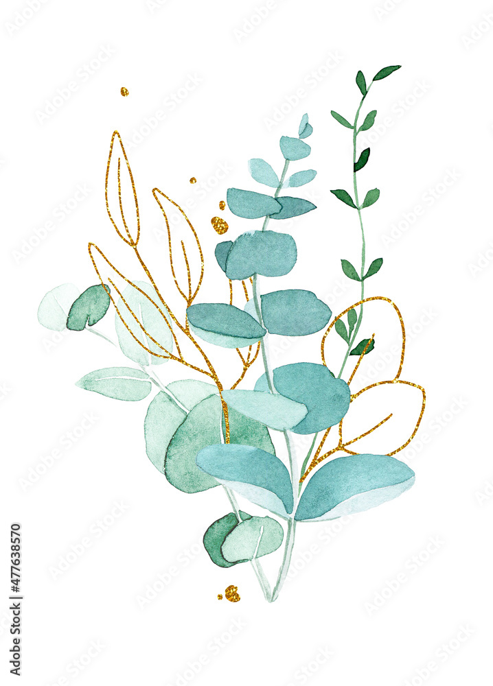 水彩绘画。花束，桉树树叶的组成。vin中的绿色和金色热带树叶