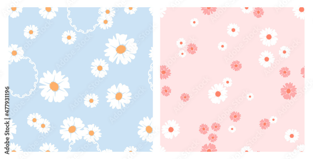 蓝色和粉色背景向量上的菊花无缝图案。