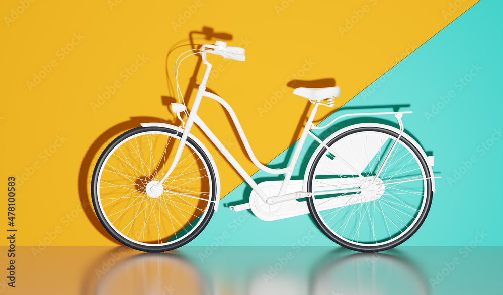 彩色背景墙上的白色自行车。