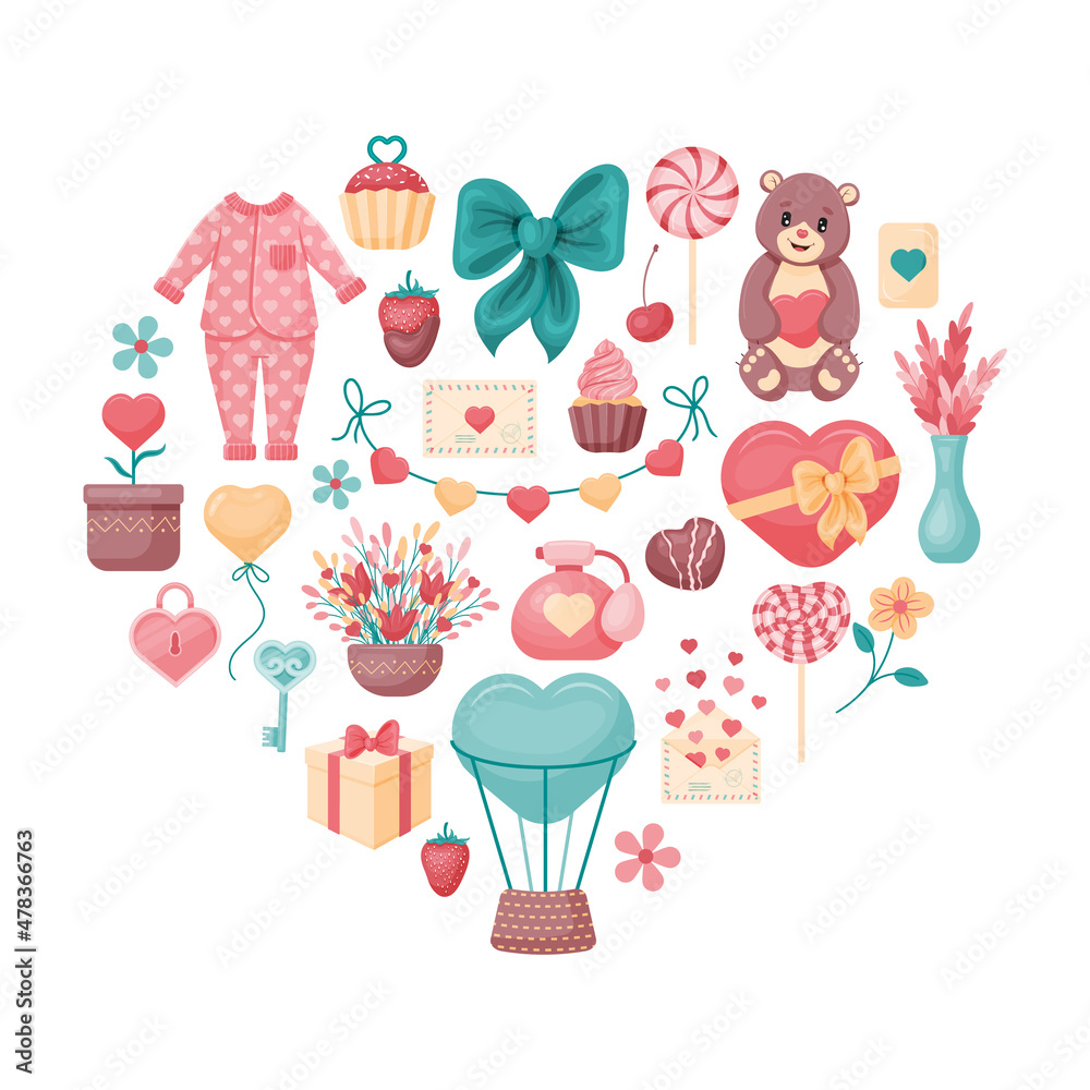 浪漫的框架。可爱元素的心脏。睡衣、蛋糕、棒棒糖、钥匙、心脏、字母。卡通风格