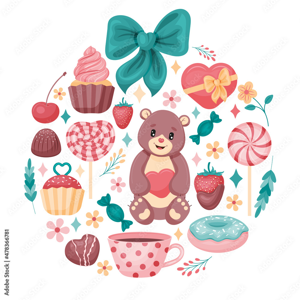 甜美可爱的圆圈框架。泰迪，蛋糕，心形，棒棒糖，樱桃。卡通风格。矢量插图。I