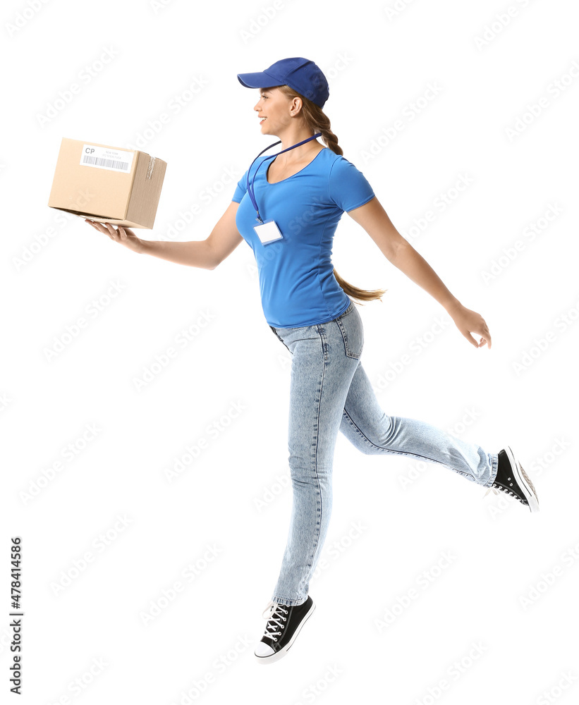 Jumping female courier with parcel on white background