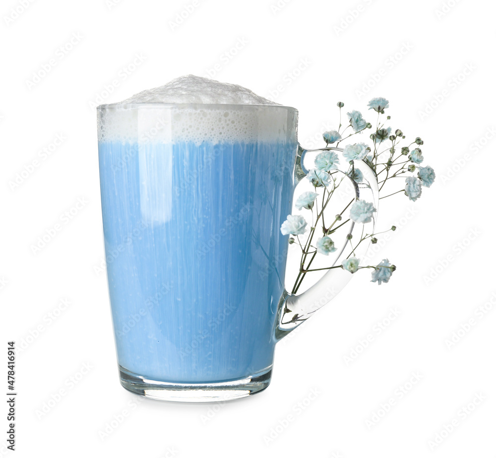一杯蓝色抹茶拿铁和白底吉普赛花