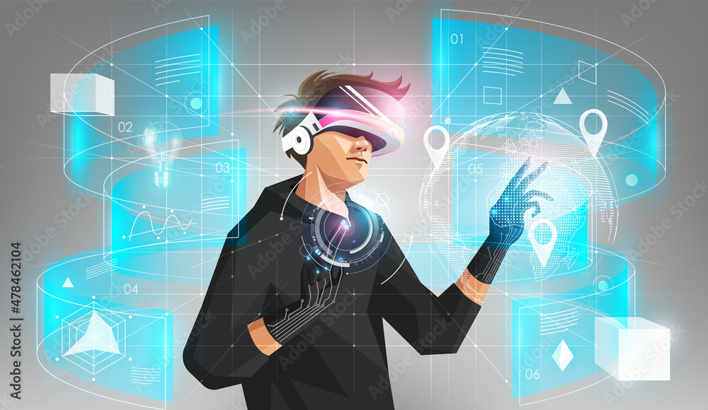 元宇宙数字网络世界技术，手持虚拟现实眼镜和触觉手套的人