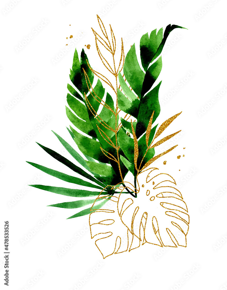 水彩画，由梦蝶和棕榈的热带叶子组成的花束。绿色和金色r