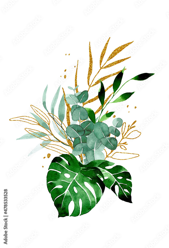水彩画，由梦蝶和棕榈的热带叶子组成的花束。绿色和金色r