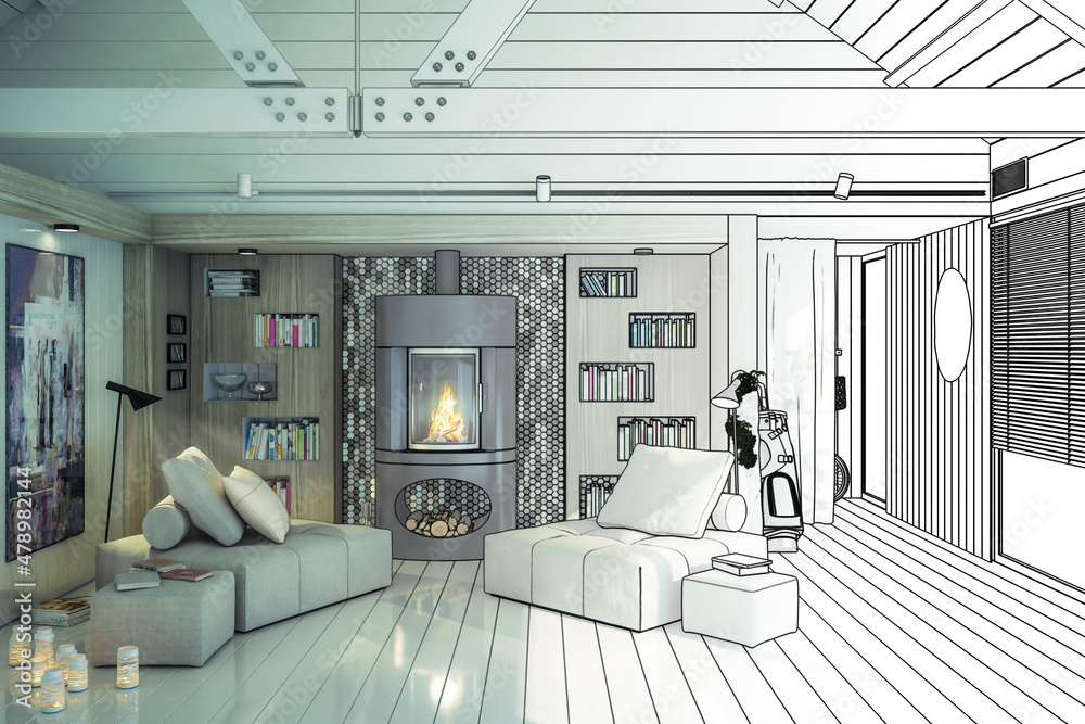 别墅内部壁炉处的坐式小组室内设计（草案）-3D可视化