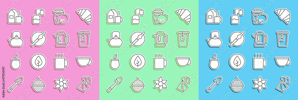 套装茶包、一杯茶、柠檬、香烟、水壶手柄、牛奶和电热水壶图标。