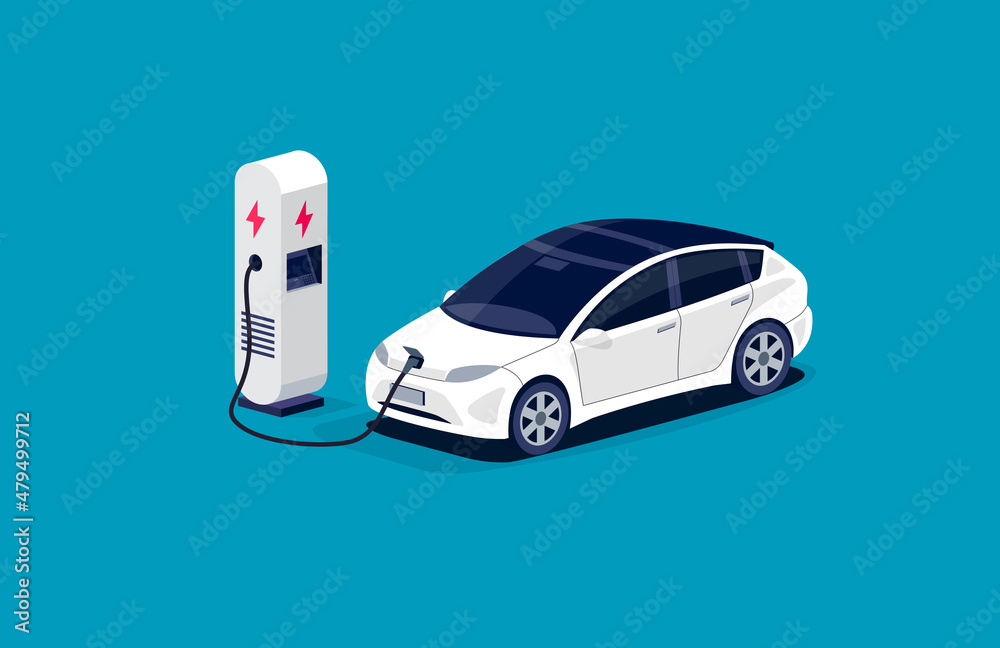 现代电动汽车充电停车在充电站，带插入式电缆。隔离平面矢量