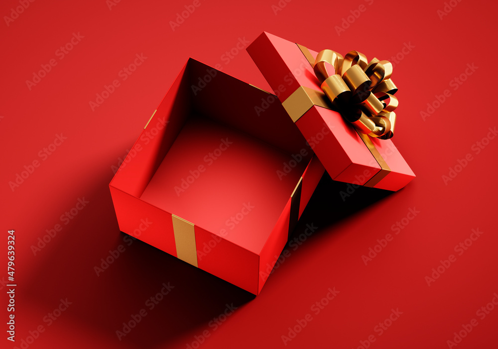 Red opened empty gift box with golden ribbon isolated on red background - 3D illustration