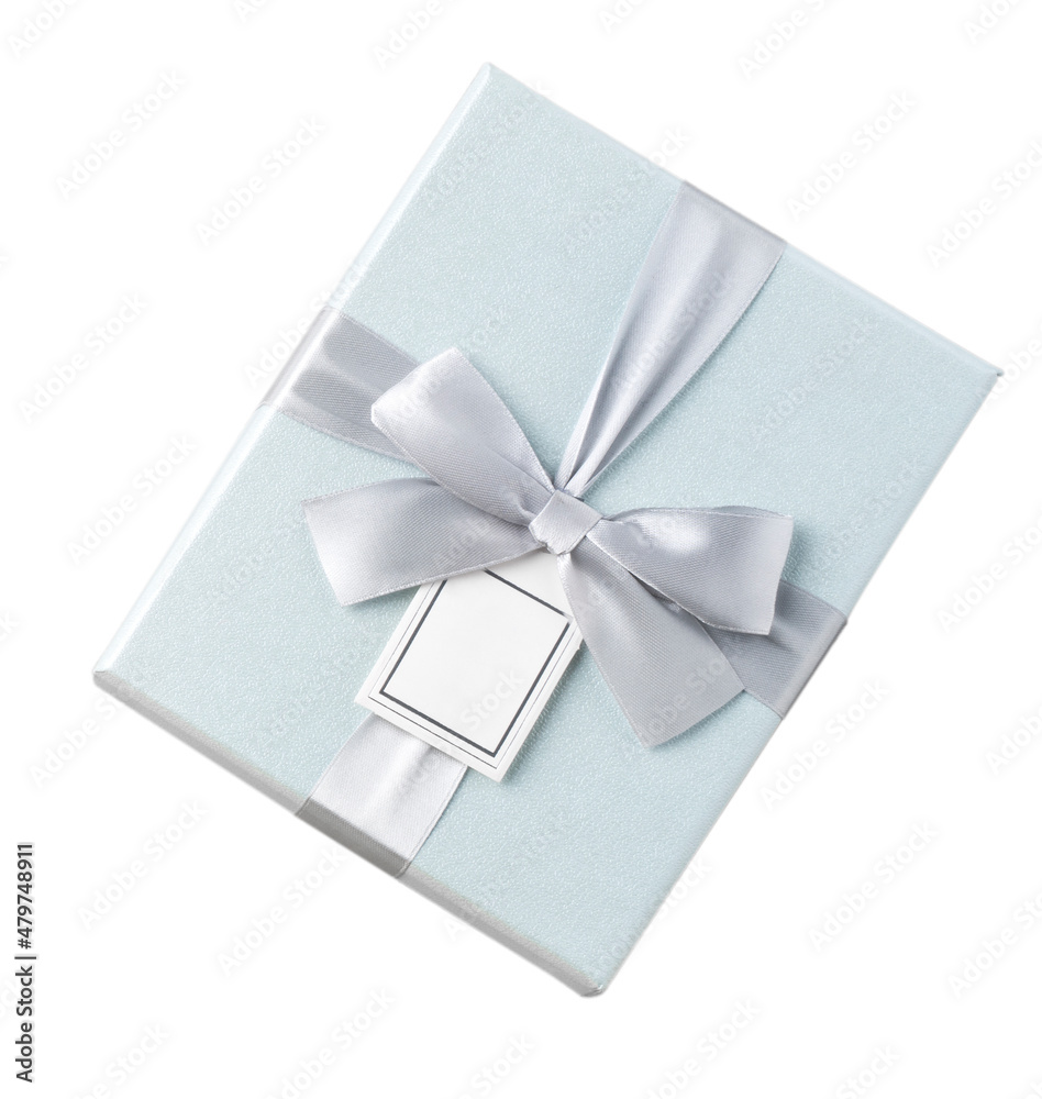 Beautiful gift box with ribbon bow isolated on white background.