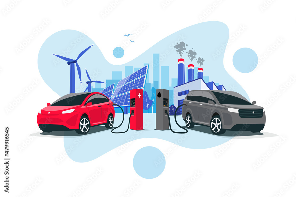 比较电动汽车与汽油车。电动汽车在充电器充电与柴油车加油