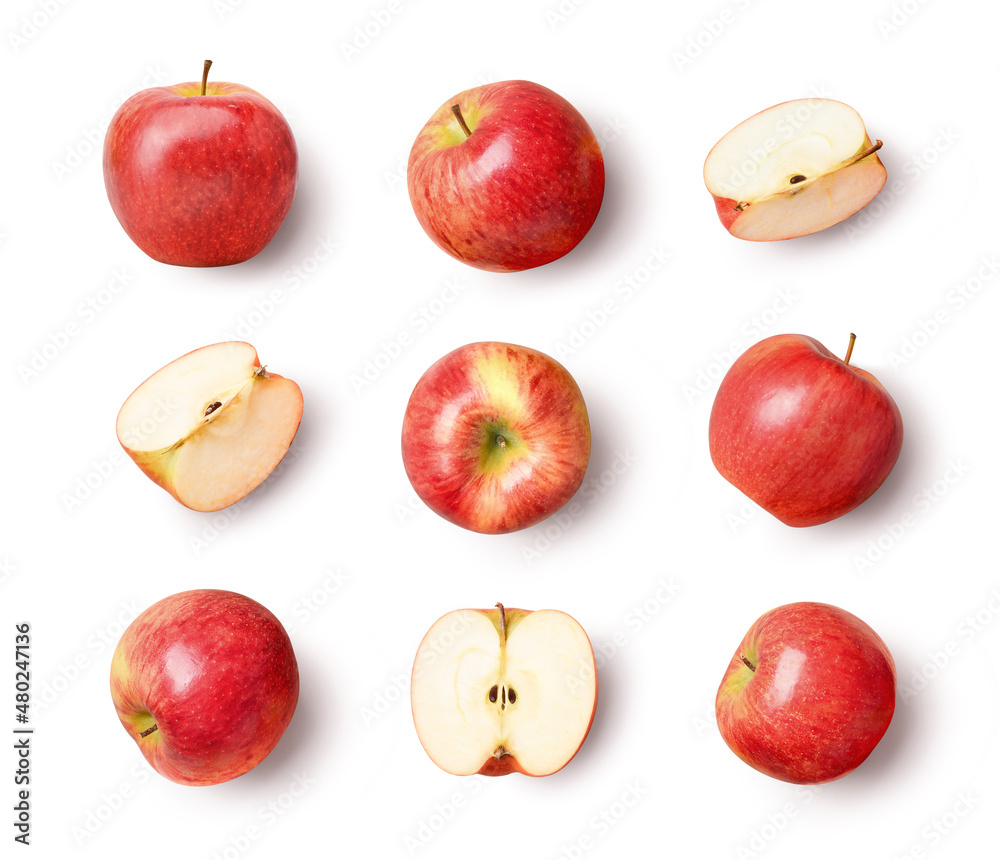 在白色背景上孤立的苹果的扁平排列。