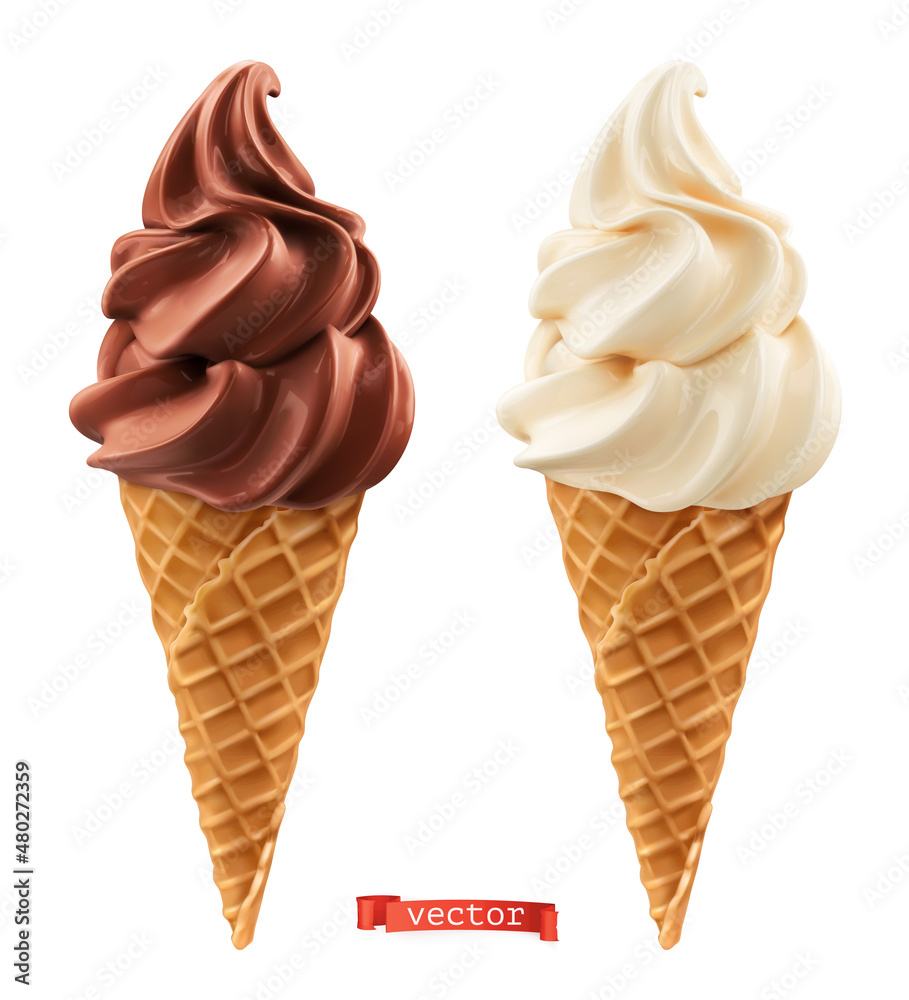 威化饼式锥形软冰淇淋。巧克力和香草三维逼真矢量图标