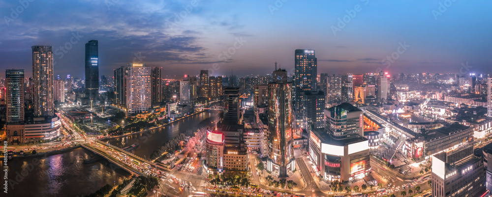 航拍中国宁波现代城市景观夜景