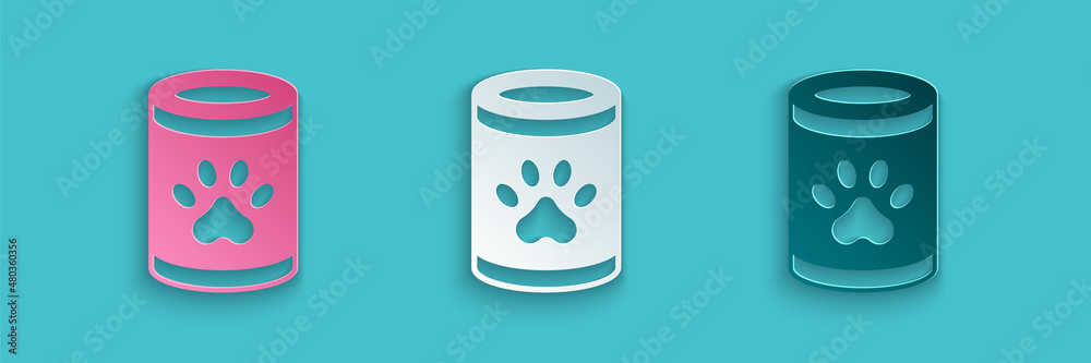 Paper cut Canned food icon isolated on blue background. Food for animals. Pet food can. Paper art st