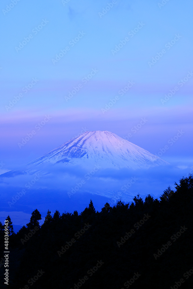 雪が積もった朝焼けの富士山