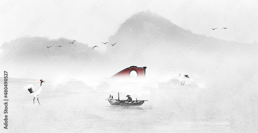中国水墨山水画手绘背景