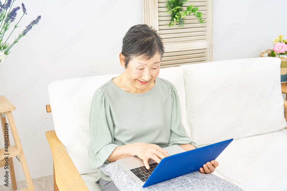 女性　高齢者　パソコン　リビング