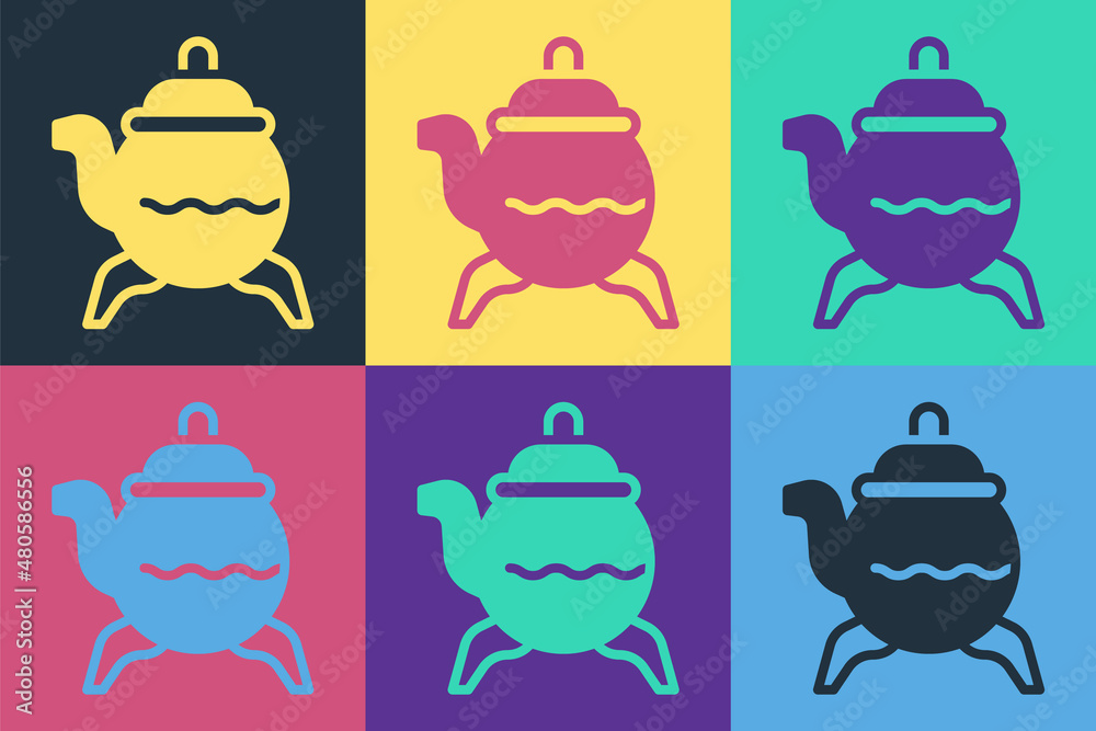 流行艺术经典茶壶图标在彩色背景上隔离。矢量