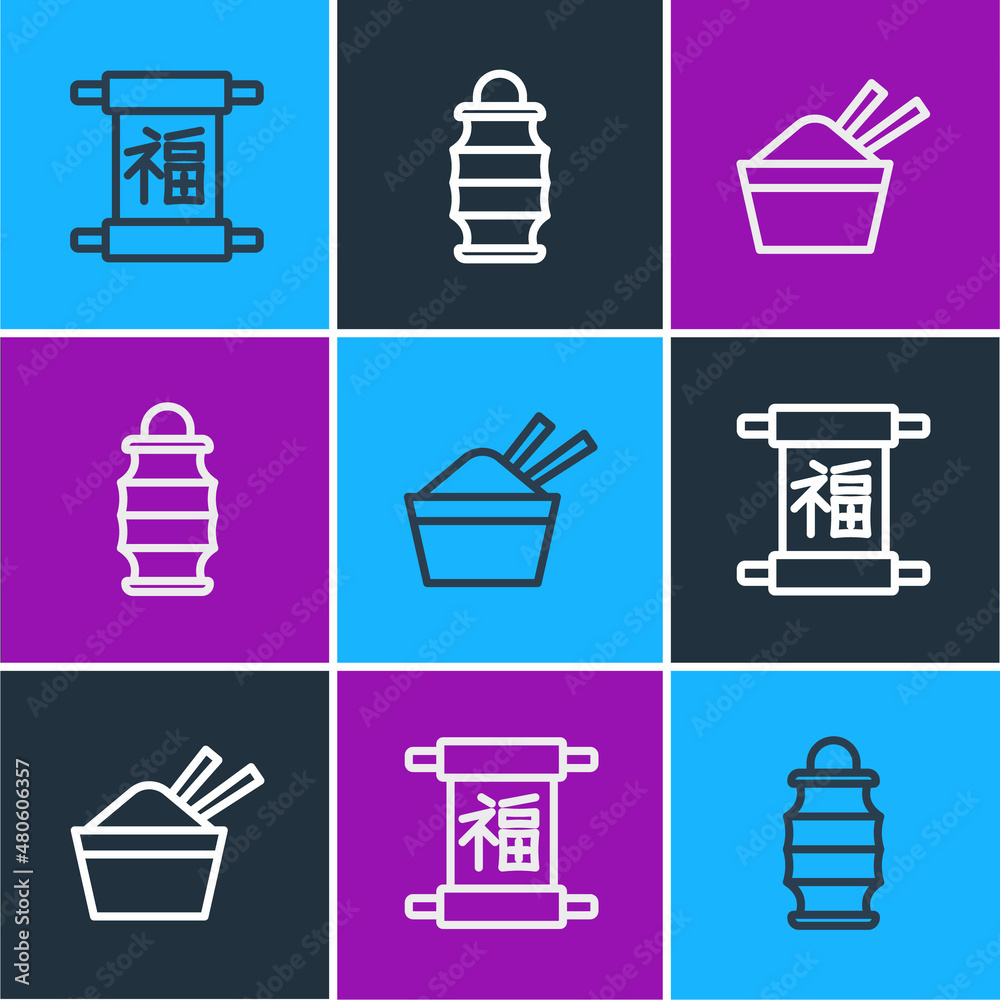中国新年，筷子冰碗和纸灯笼图标。矢量
