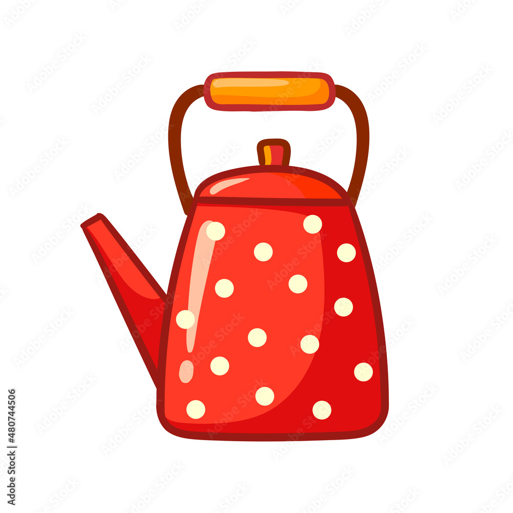 Beautiful red teapot on a white background in cartoon style. Vector illustration with a teapot with 