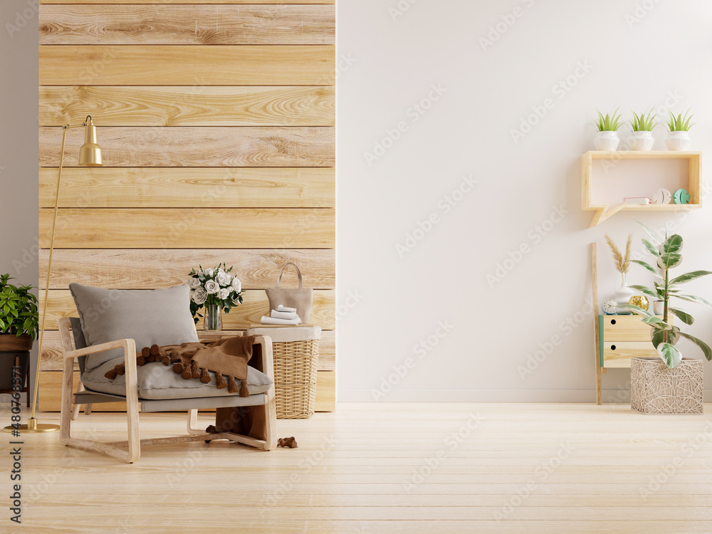 暖色调的客厅室内墙模型，木地板上有灰色扶手椅。