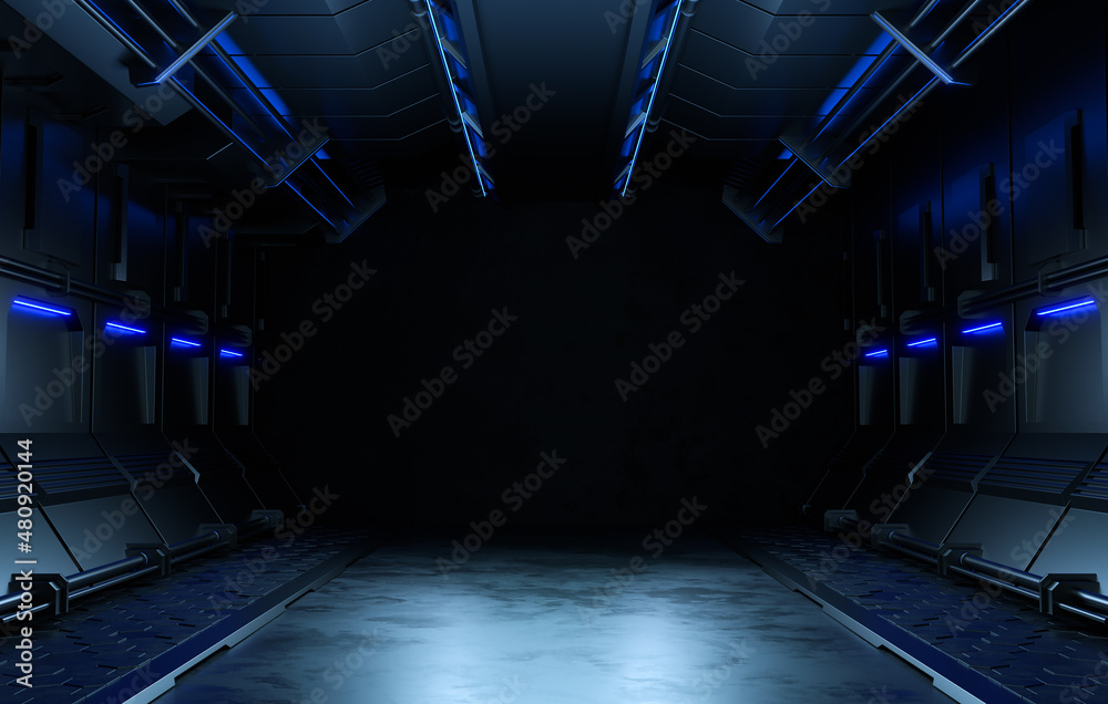 空荡荡的暗室，现代未来主义科幻背景。3D插图