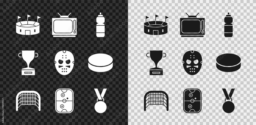 Set Hockey stadium，Retro tv，Fitness shaker，Ice Hockey goal，Air table，Medal，Award cup and mask（设置冰球体育