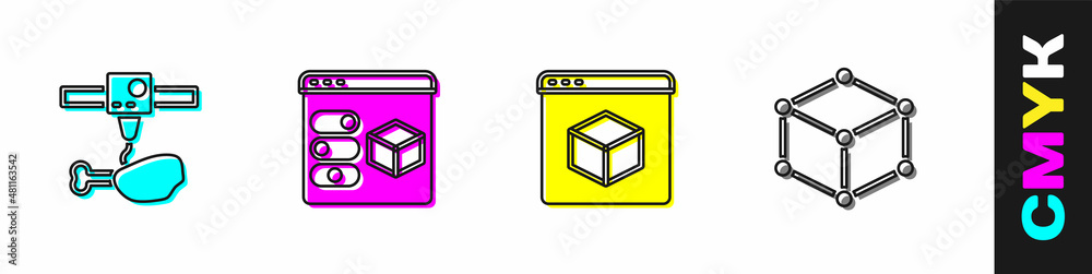 Set 3D printer chicken leg, , and Isometric cube icon. Vector