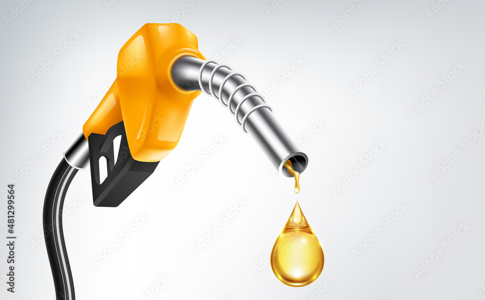 汽油黄色燃油泵喷嘴与白底滴油隔离，石油工业和加油