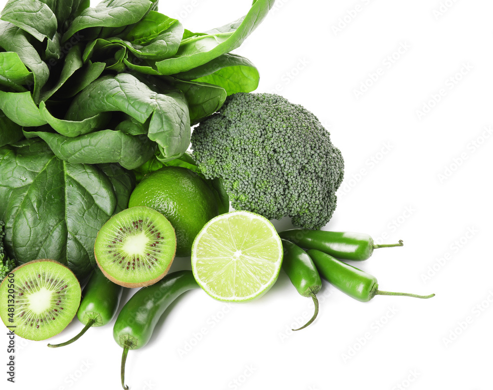 Healthy green products on white background